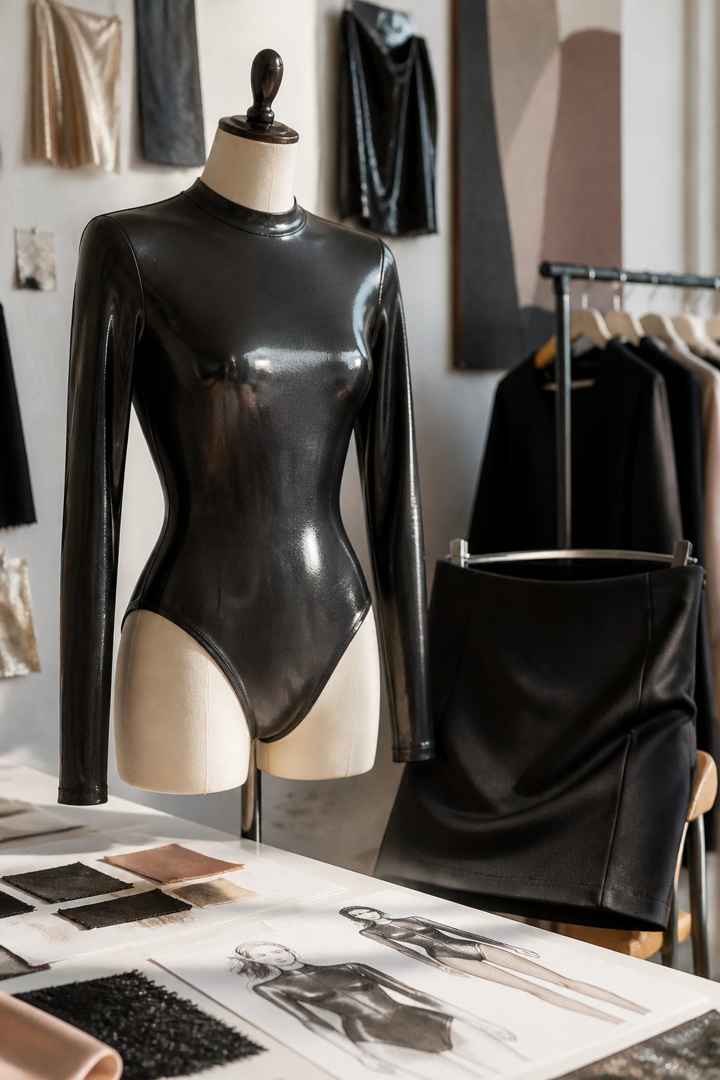 A Black Mirror Long Sleeved Bodysuit on a mannequin in a studio.