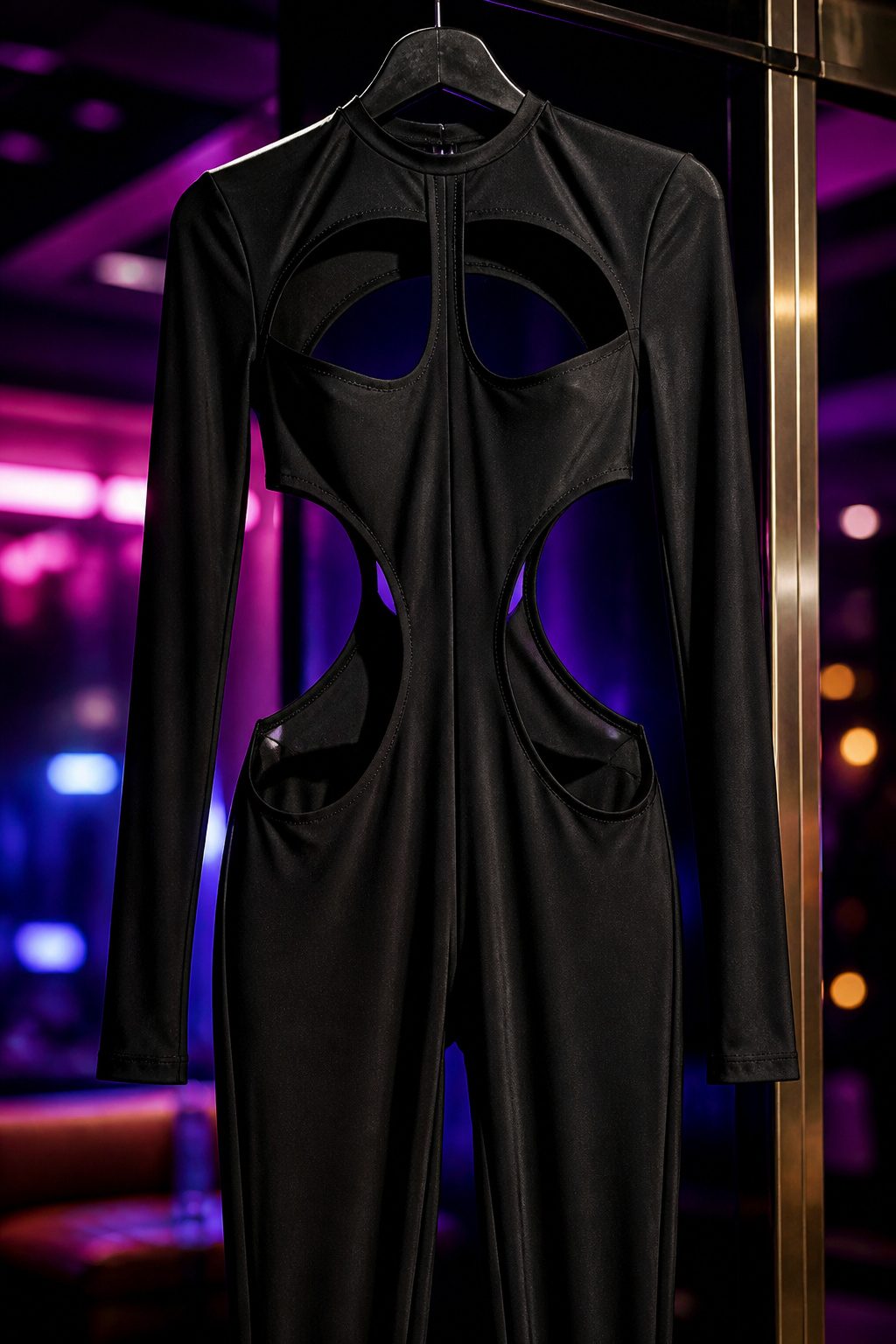 A Black cut-out catsuit displayed on a mannequin in a nightclub.