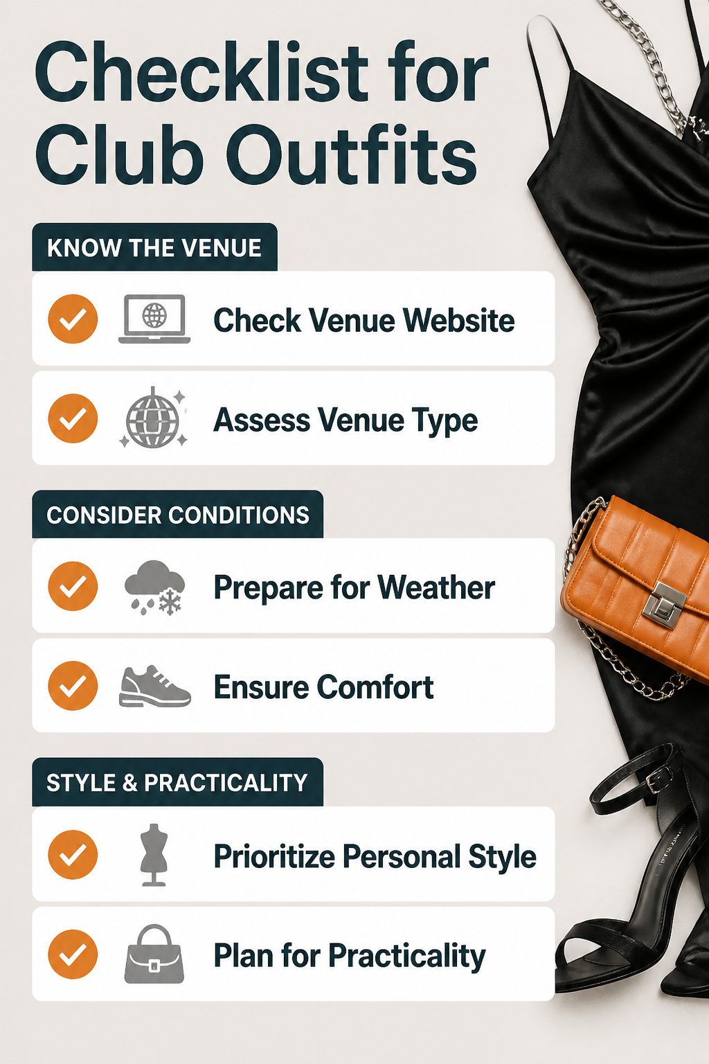 A checklist detailing considerations for dressing for a club.