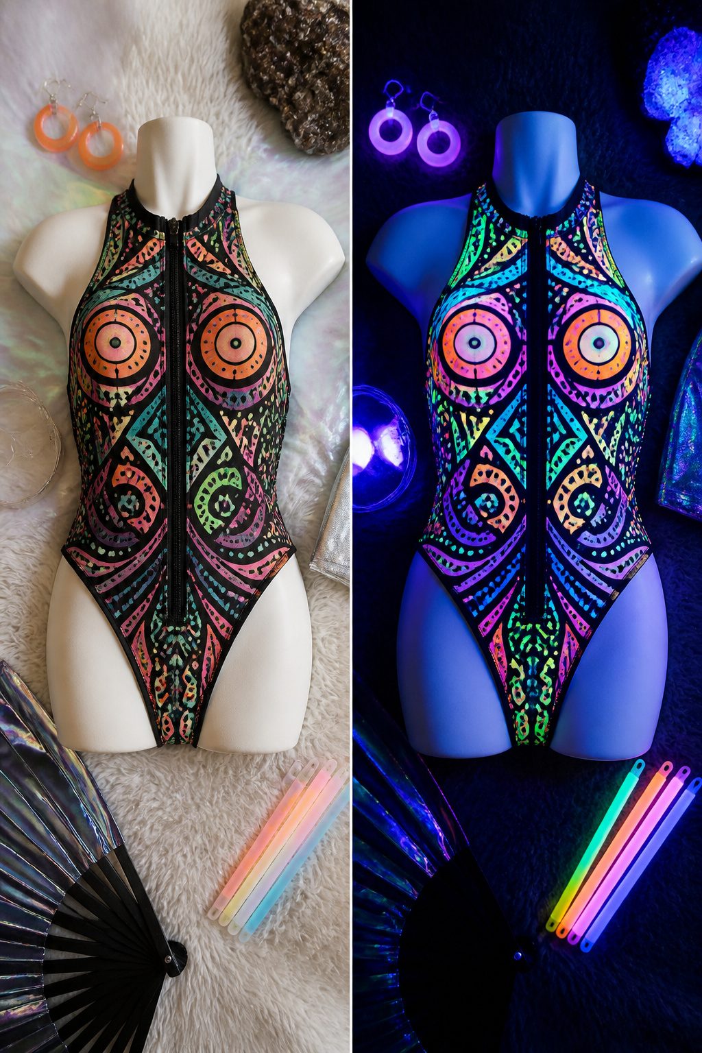 A fitted rave bodysuit displayed against a vibrant backdrop.