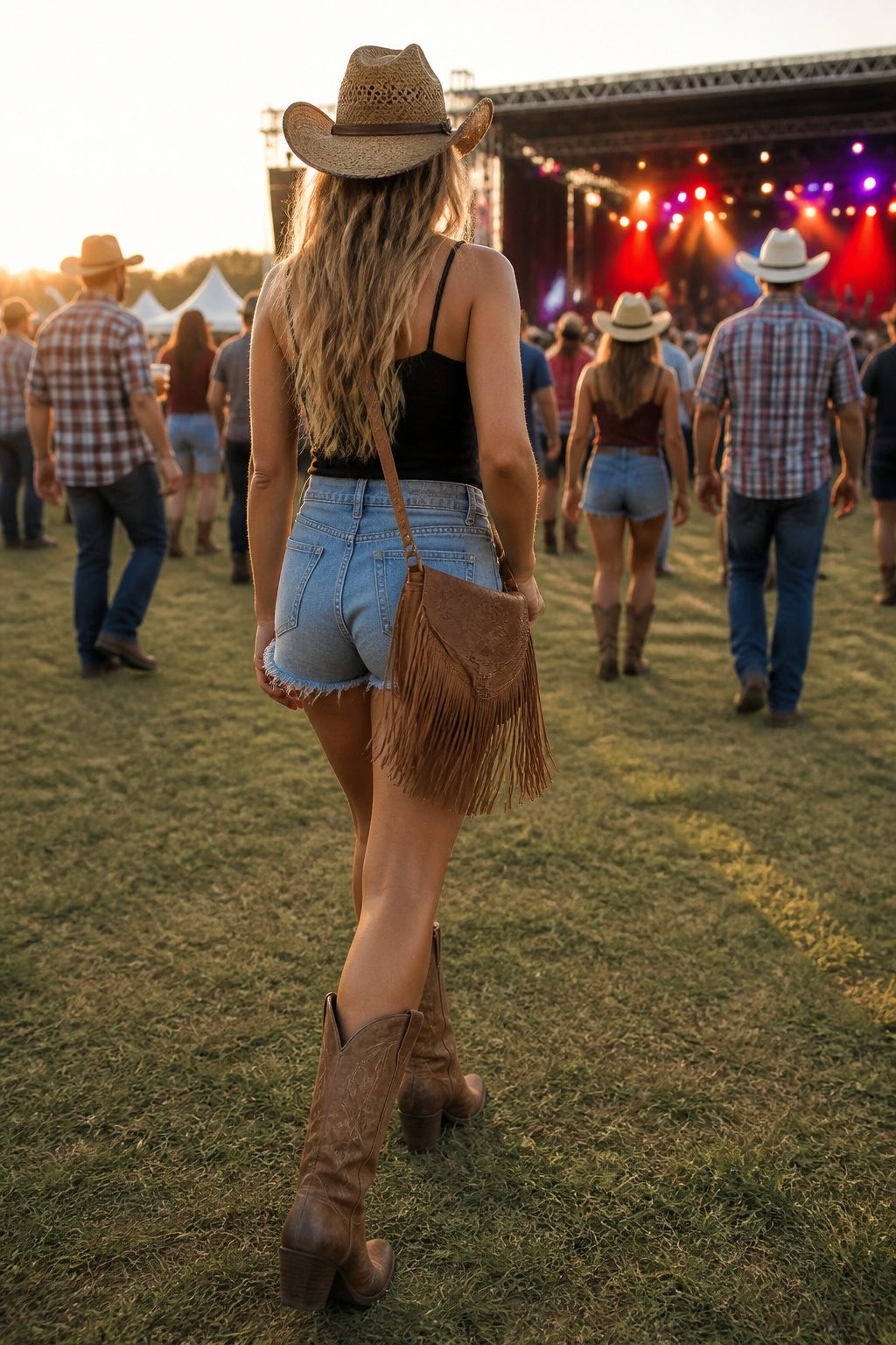 A model wearing cowboy boots and a crossbody bag at a concert.