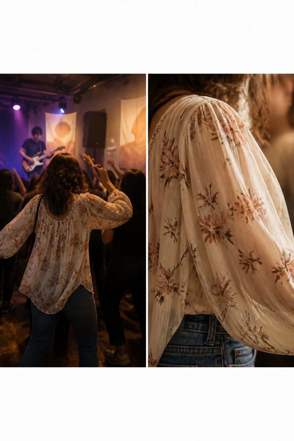 A model wearing a breathable halter top at a concert.