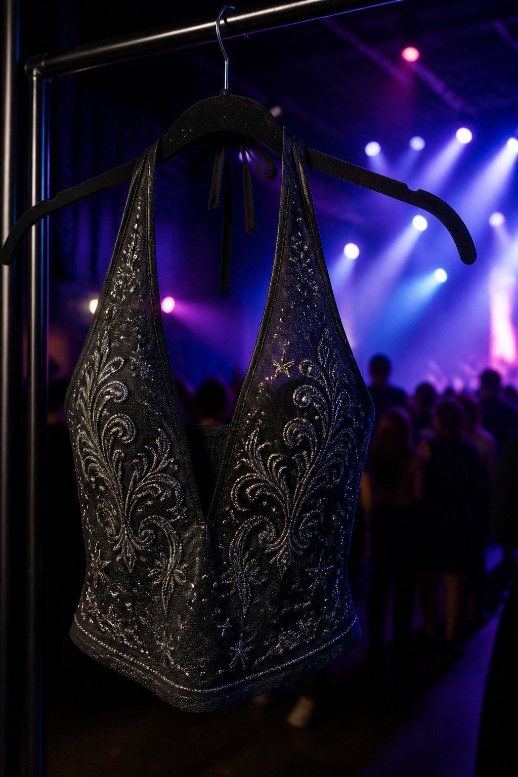 A close-up of a fitted halter top against colorful concert lights.