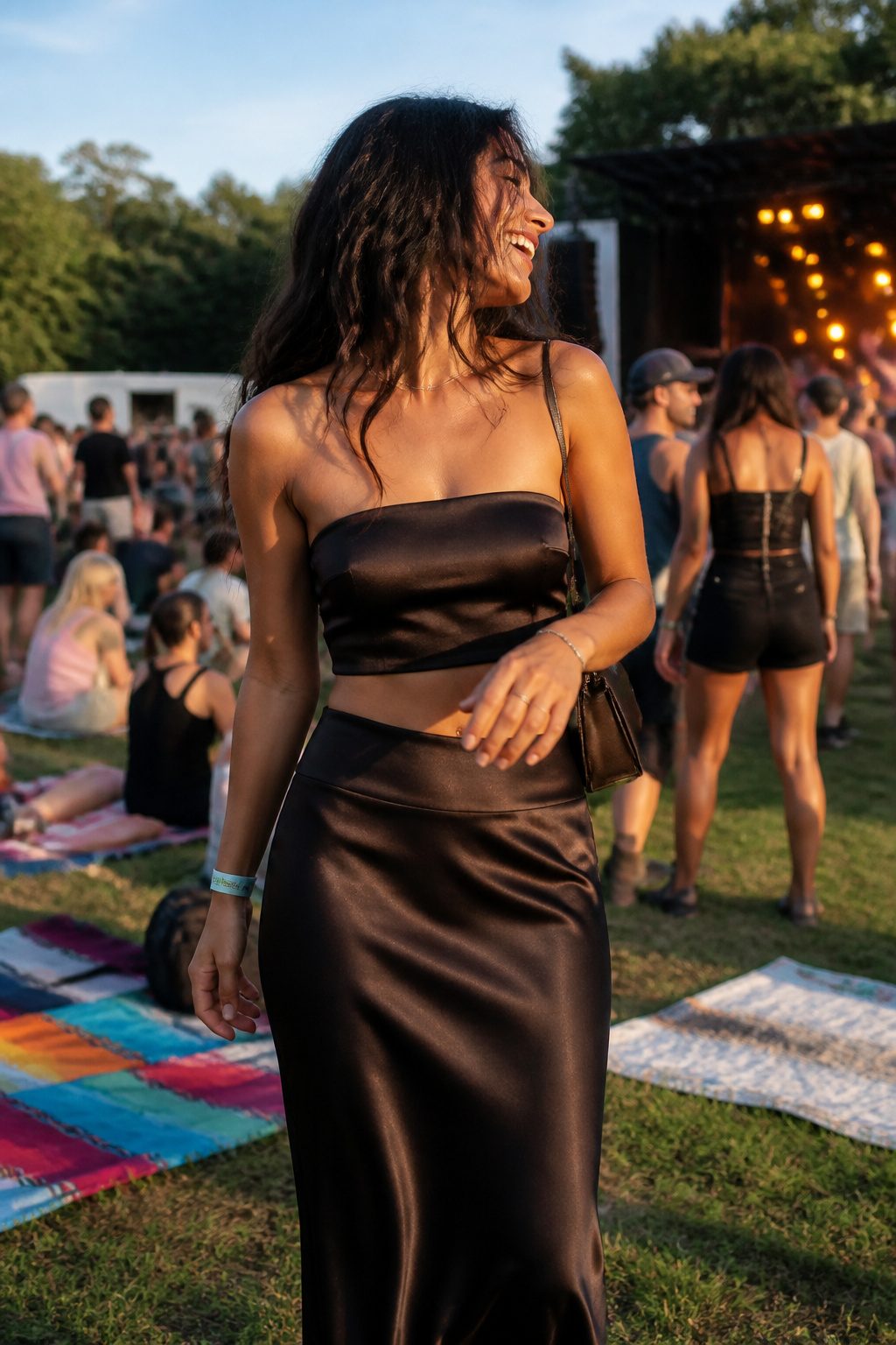 A model in a satin skirt and crop top laughing at a festival.