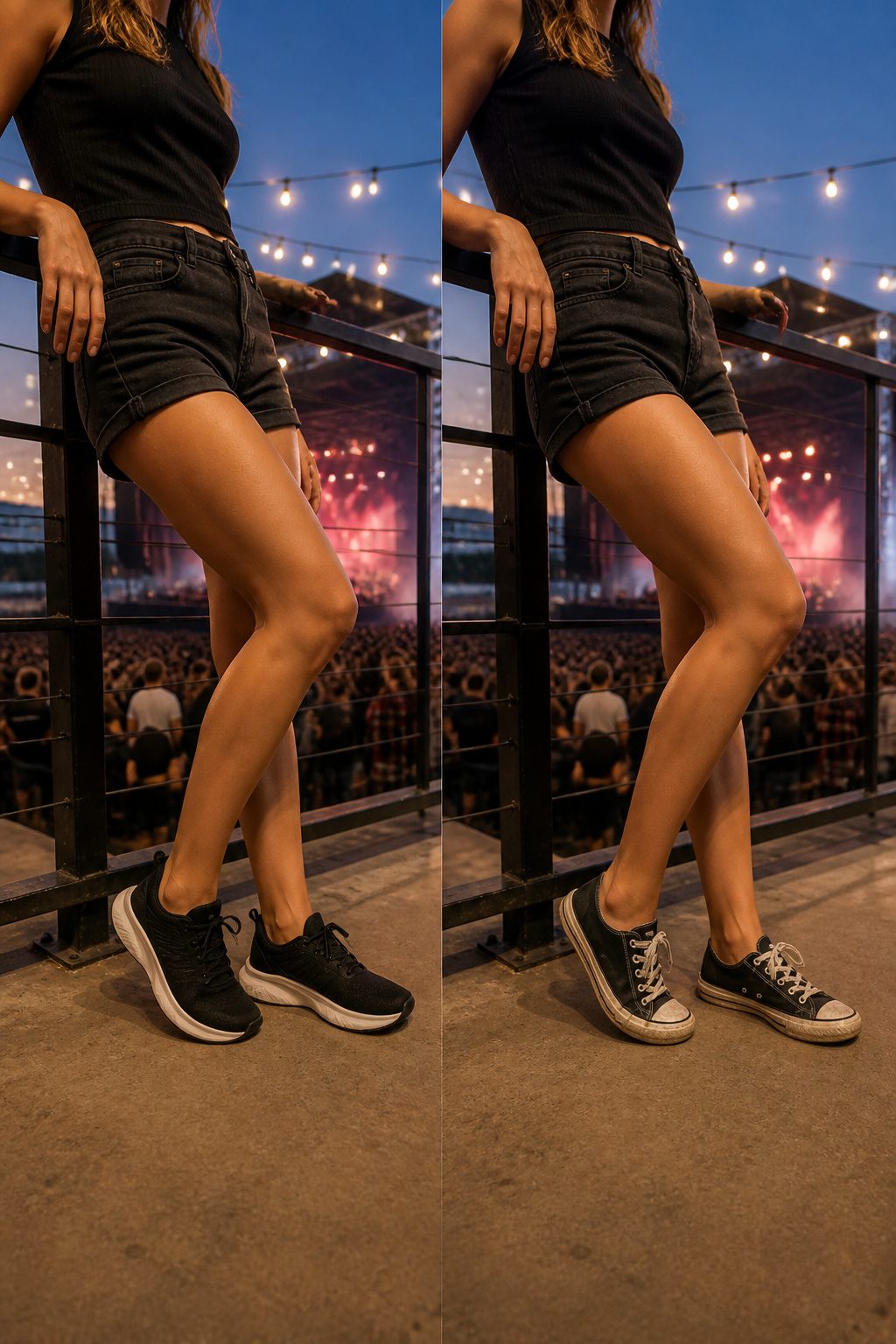 A close-up of supportive sneakers worn at a concert.