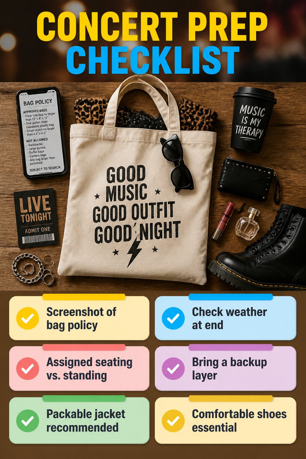 A checklist for concert preparation displayed on a phone.