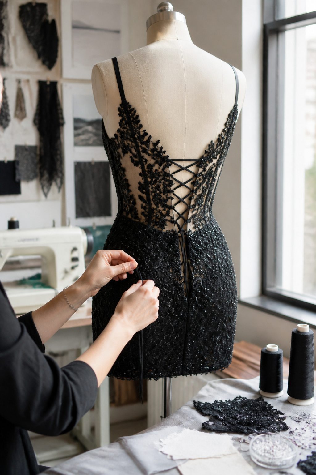 A close-up of a backless mini dress highlighting its beadwork.