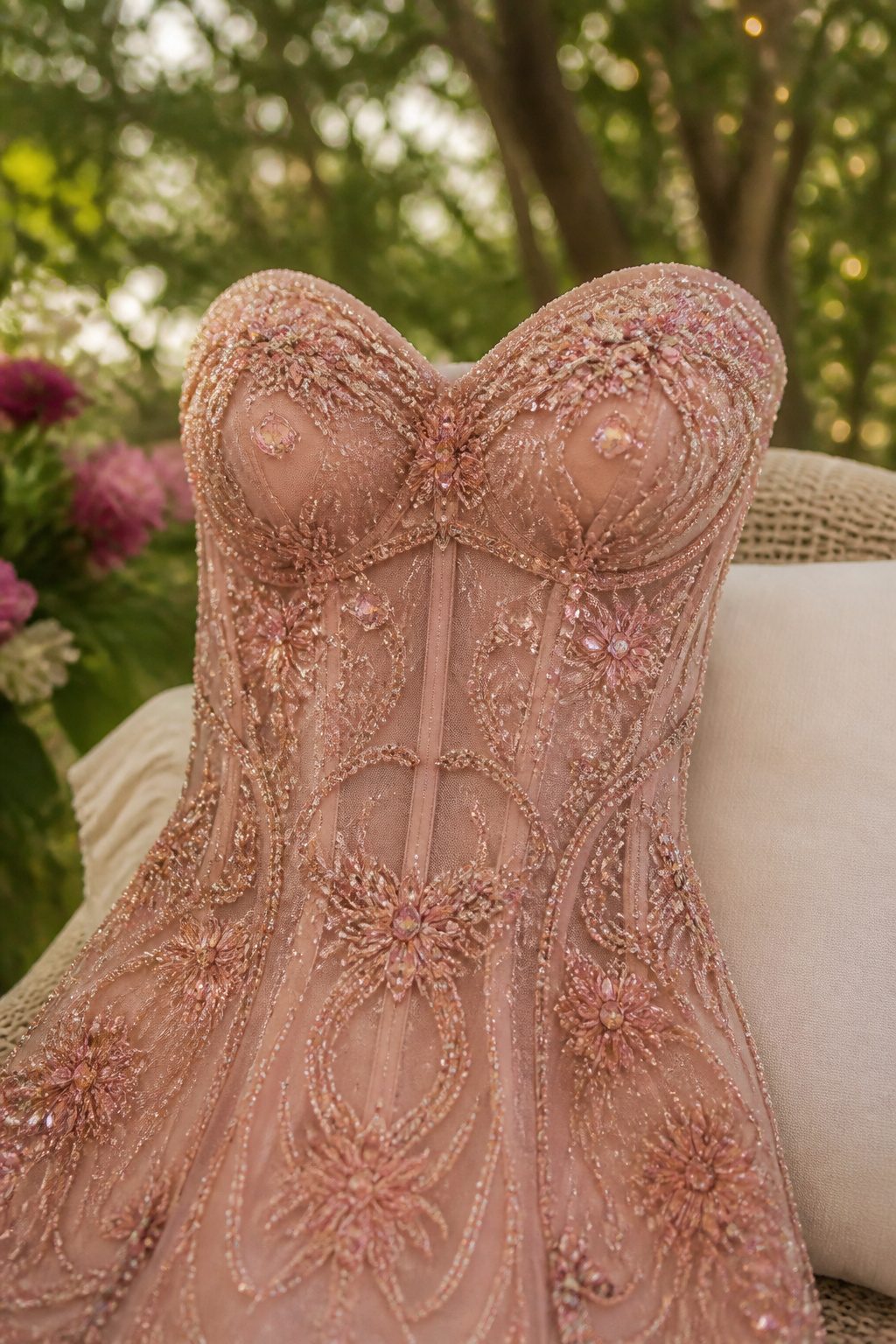 A close-up of a pink hand beaded corset mini dress in a garden.