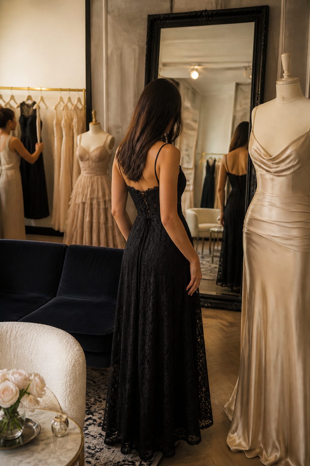 A model admires herself wearing a black lace maxi dress in a boutique.