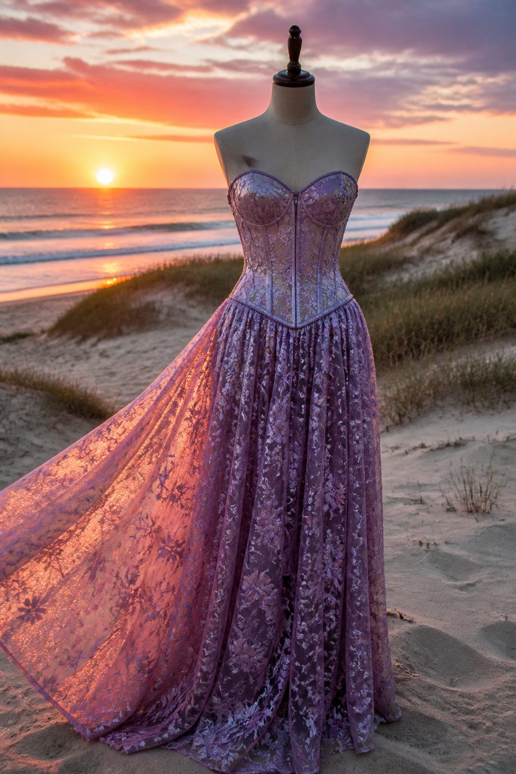 A full-length metallic lace maxi gown displayed on a mannequin.