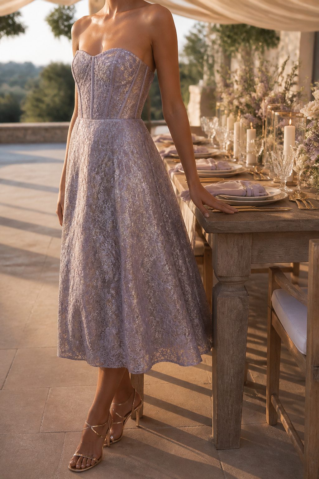 A model in a strapless metallic lace midi dress outdoors.