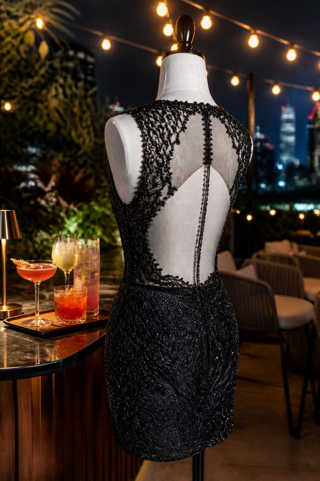 A black lace backless mini dress with beadwork displayed on a mannequin.