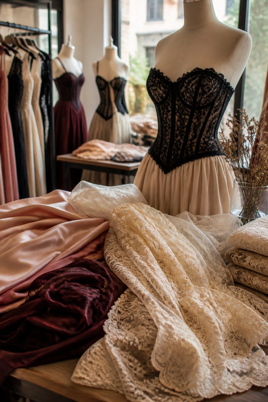 Close-up of different materials used in corset dresses.