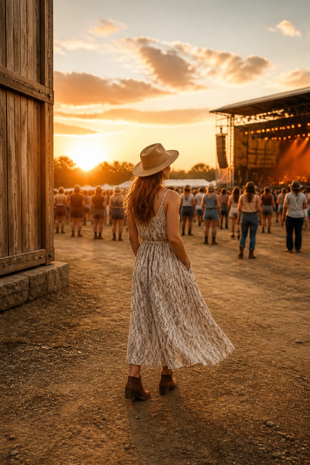 Model in a midi dress with pockets at a country concert.