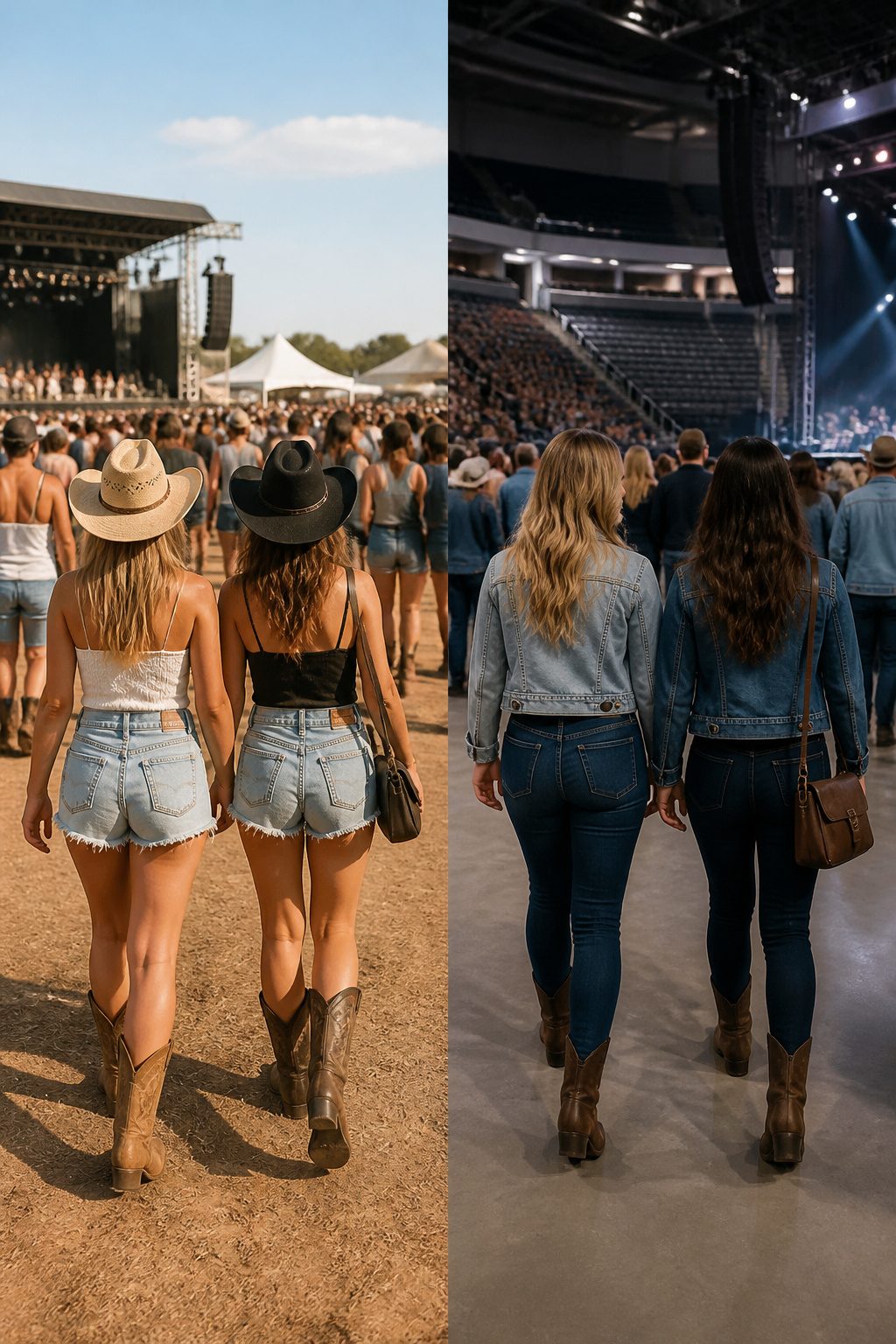 Model in an outdoor festival setting wearing a country outfit.