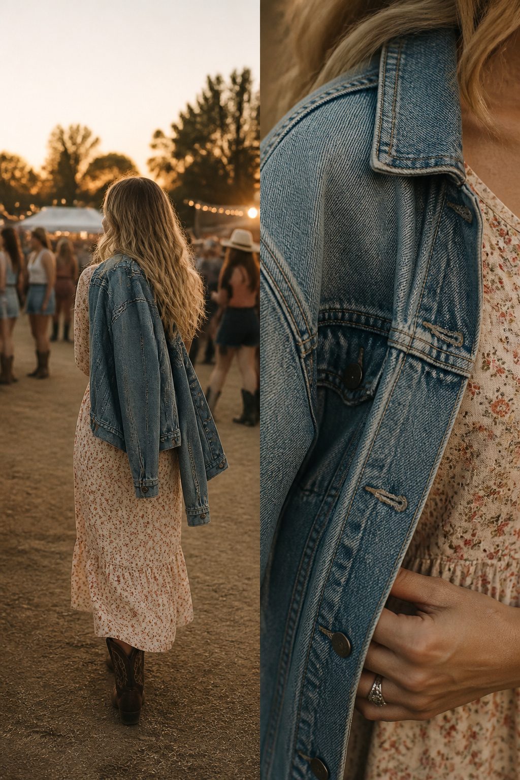 Model wearing a denim jacket draped over her shoulders.