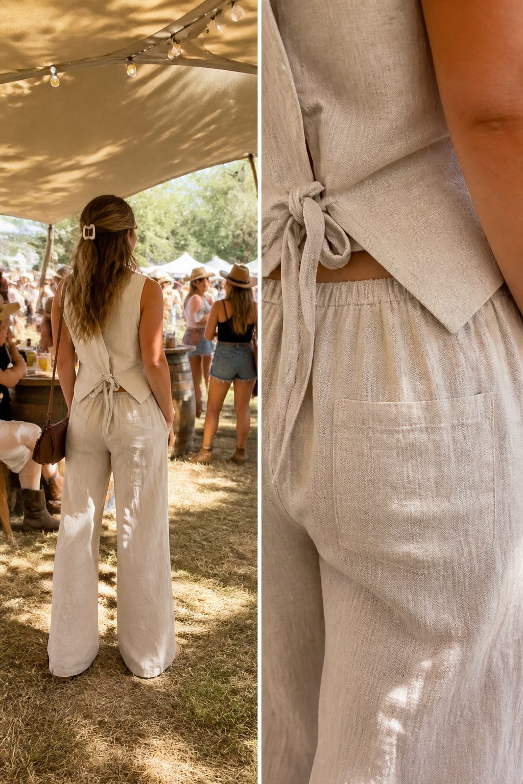 Model in lightweight fabric outfit suitable for summer heat.