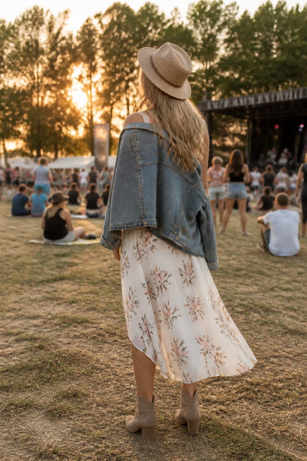 Model in a floral midi dress with a denim jacket at a festival.