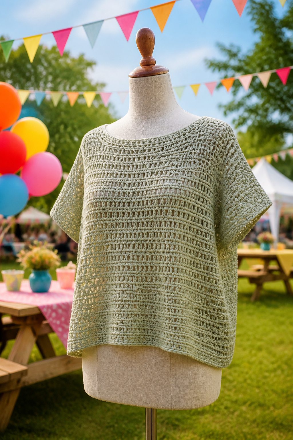 Crochet Summer Top Patterns, Styles and Yarn Guide 7 An oversized Aurelia Top displayed on a mannequin at a fair.