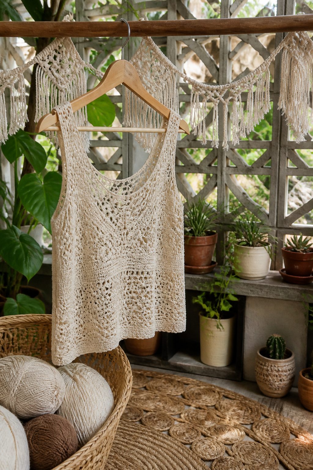 Crochet Summer Top Patterns, Styles and Yarn Guide 3 A Boho Crochet Top displayed on a wooden clothesline.