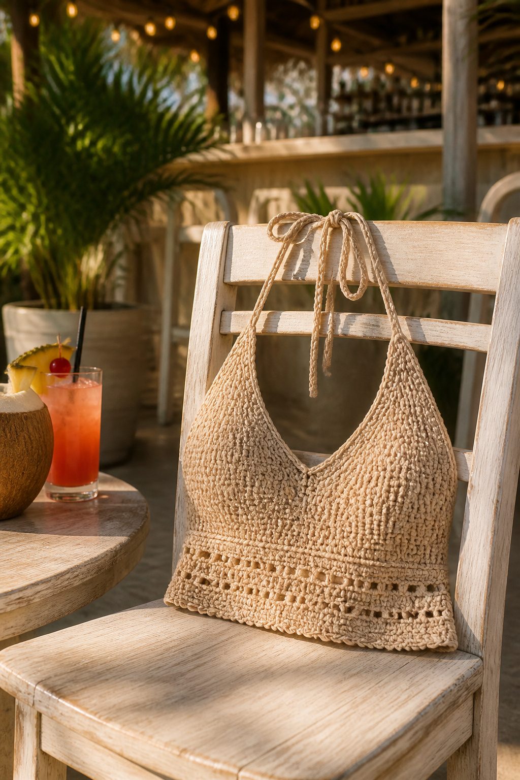 Crochet Summer Top Patterns, Styles and Yarn Guide 11 A Classic Halter Top displayed on a chair at an outdoor bar.