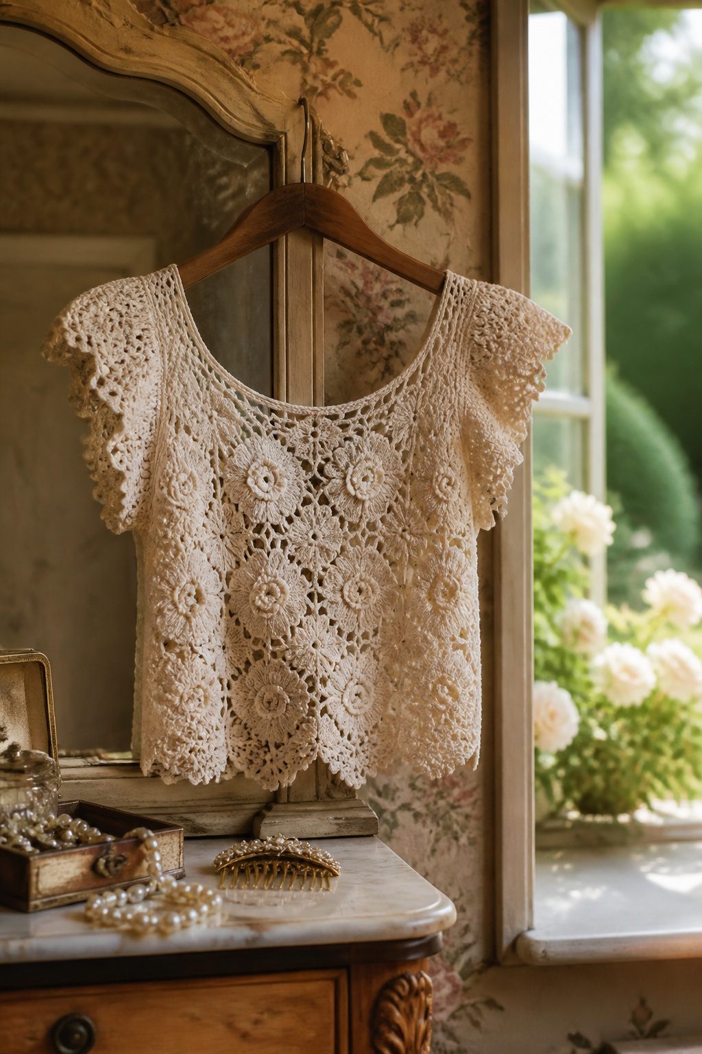 Crochet Summer Top Patterns, Styles and Yarn Guide 19 A Datura Bloom Top displayed against vintage floral wallpaper.