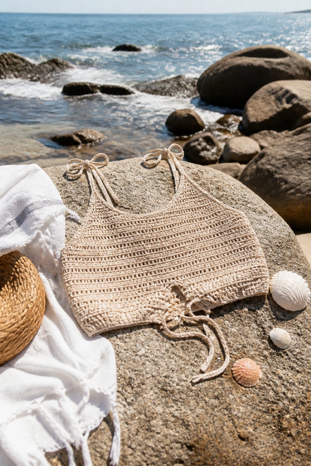 Crochet Summer Top Patterns, Styles and Yarn Guide 10 A Daybreak Top displayed on a beach towel near the ocean.