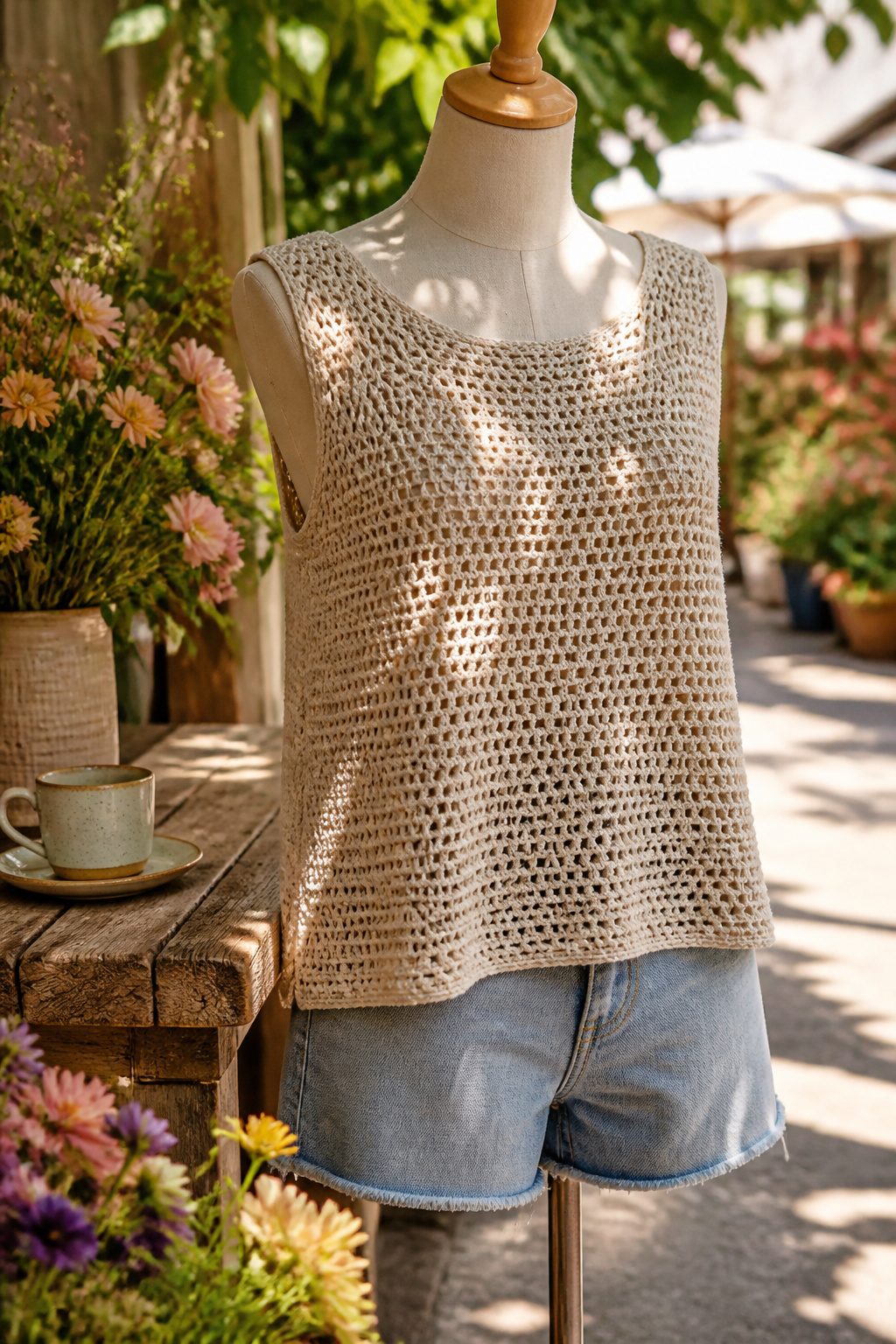 Crochet Summer Top Patterns, Styles and Yarn Guide 1 A mannequin displays the Easy Breezy Summer Top on a wooden table.
