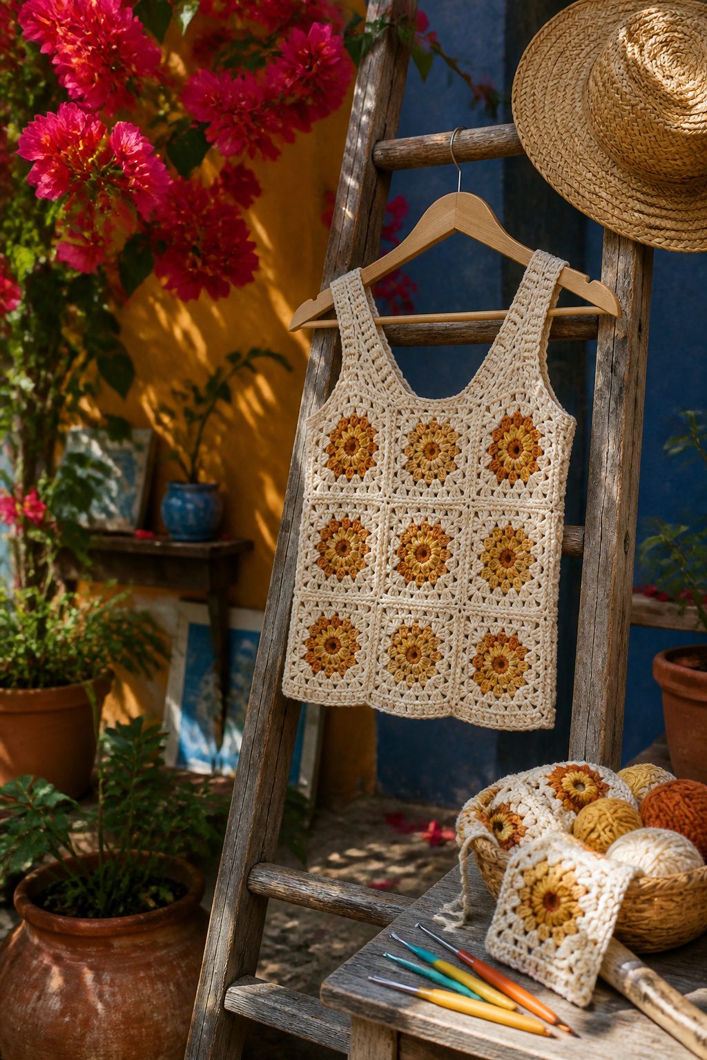 Crochet Summer Top Patterns, Styles and Yarn Guide 13 A Granny Stitch Crochet Top displayed on a ladder in a garden.