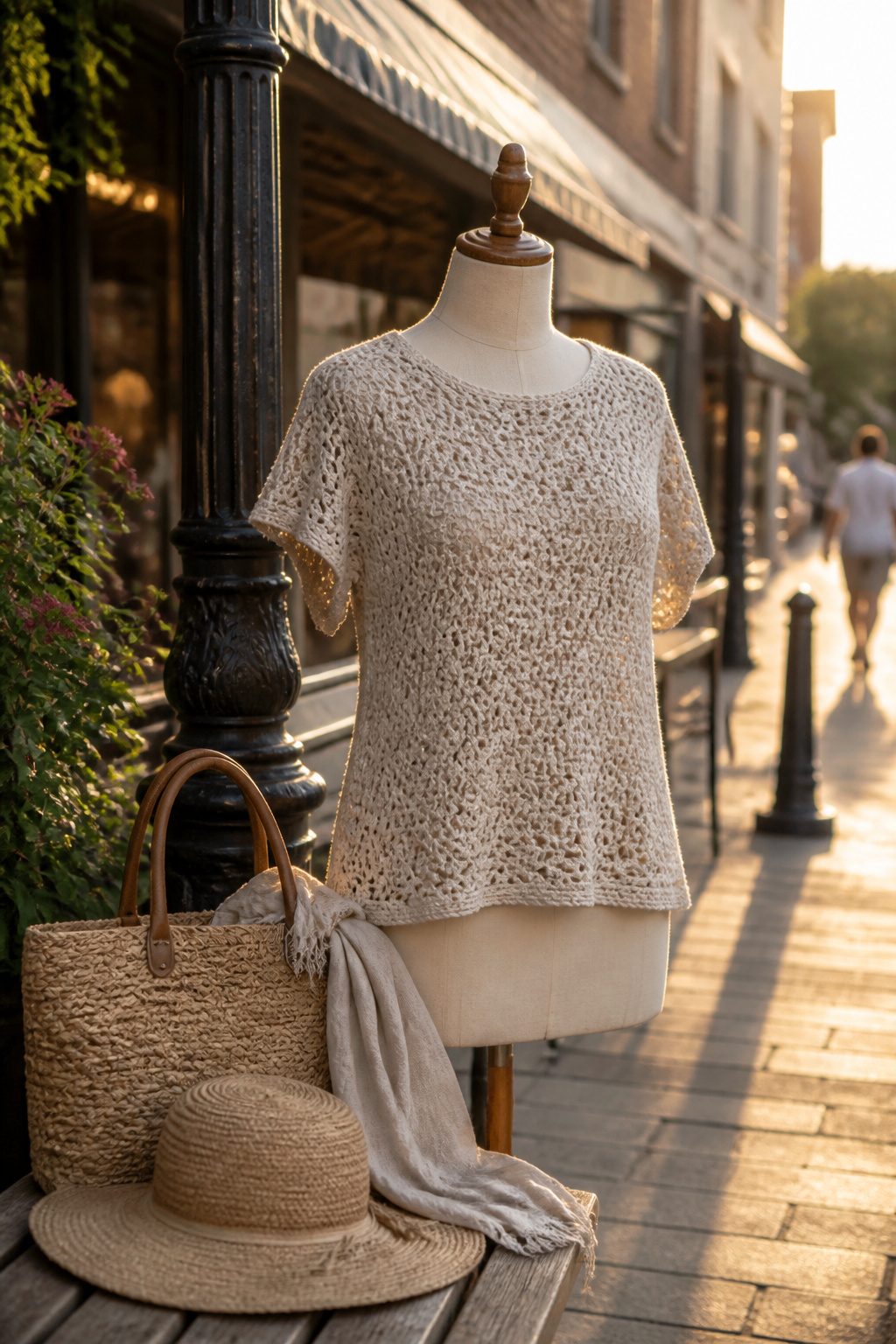 Crochet Summer Top Patterns, Styles and Yarn Guide 6 A Harper Tee displayed on a dress form by a lamppost.