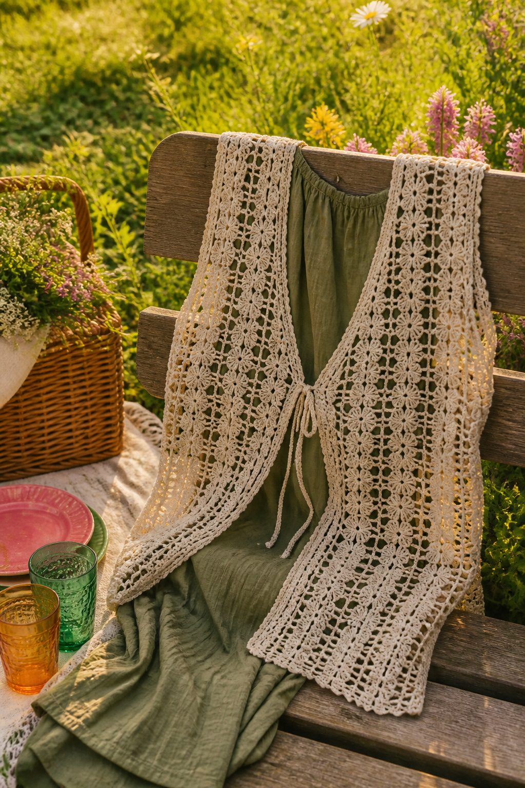 Crochet Summer Top Patterns, Styles and Yarn Guide 20 A Harvest Flowers Vest Topper displayed on a wooden bench.