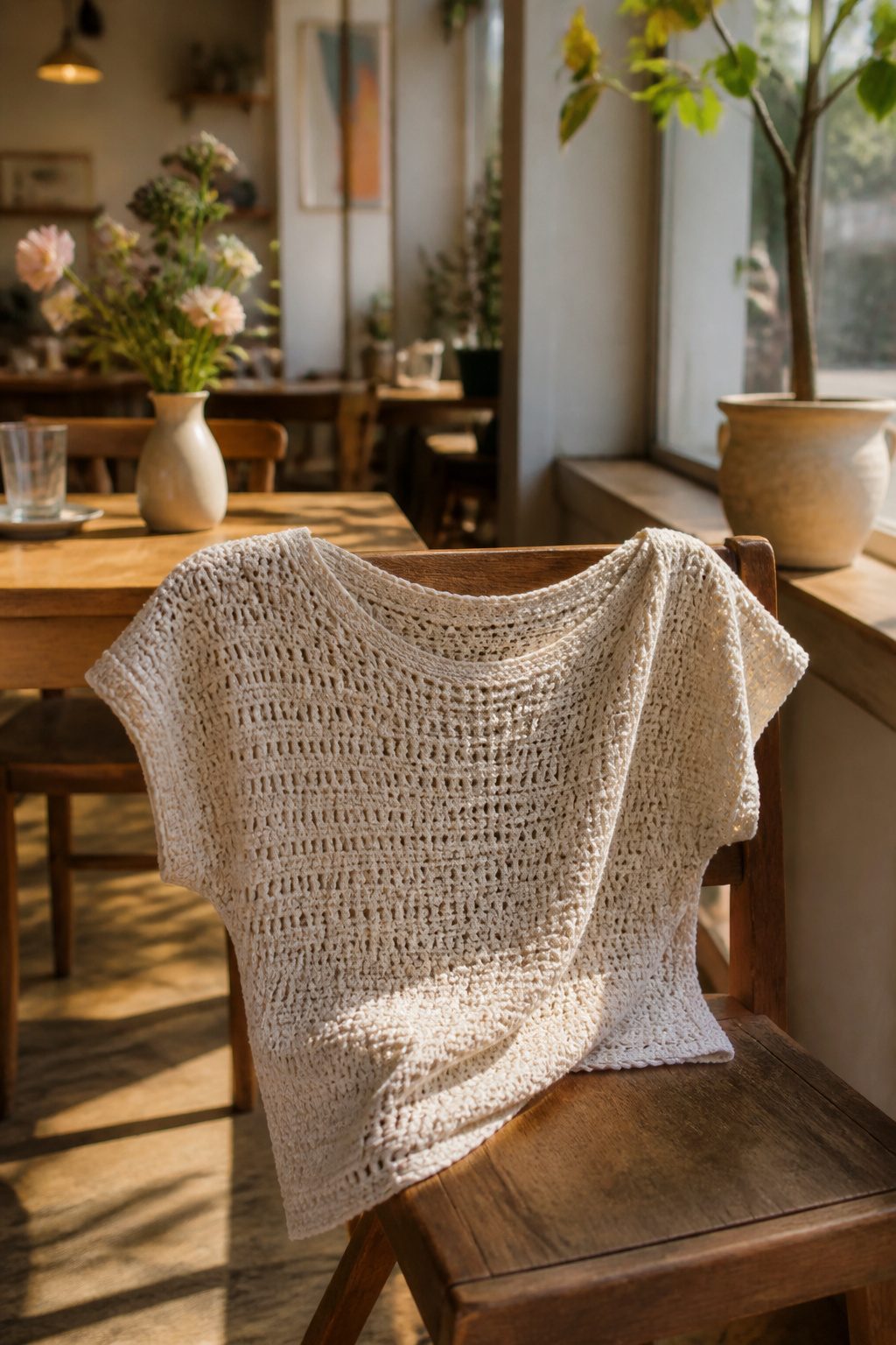 Crochet Summer Top Patterns, Styles and Yarn Guide 17 An Ivy Tee displayed on a chair with a café backdrop.