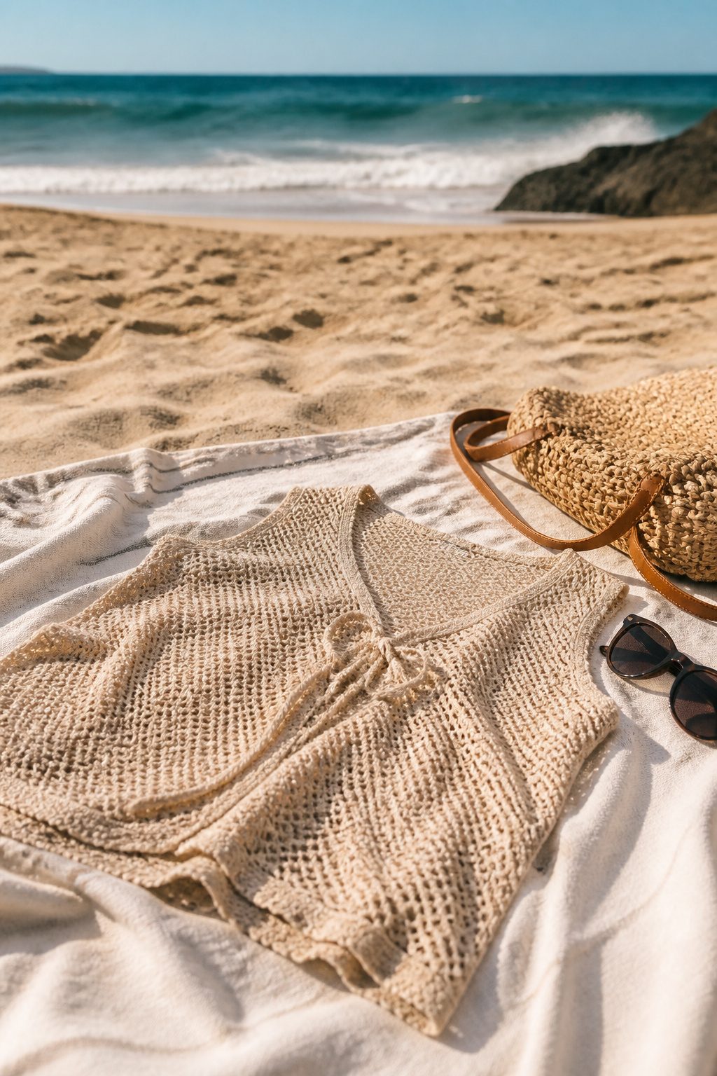Crochet Summer Top Patterns, Styles and Yarn Guide 5 A Kahe Kai Top displayed on a beach towel on the sand.