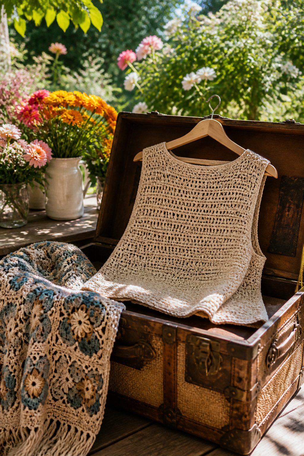 Crochet Summer Top Patterns, Styles and Yarn Guide 18 A New Wave Top displayed on a trunk surrounded by flowers.