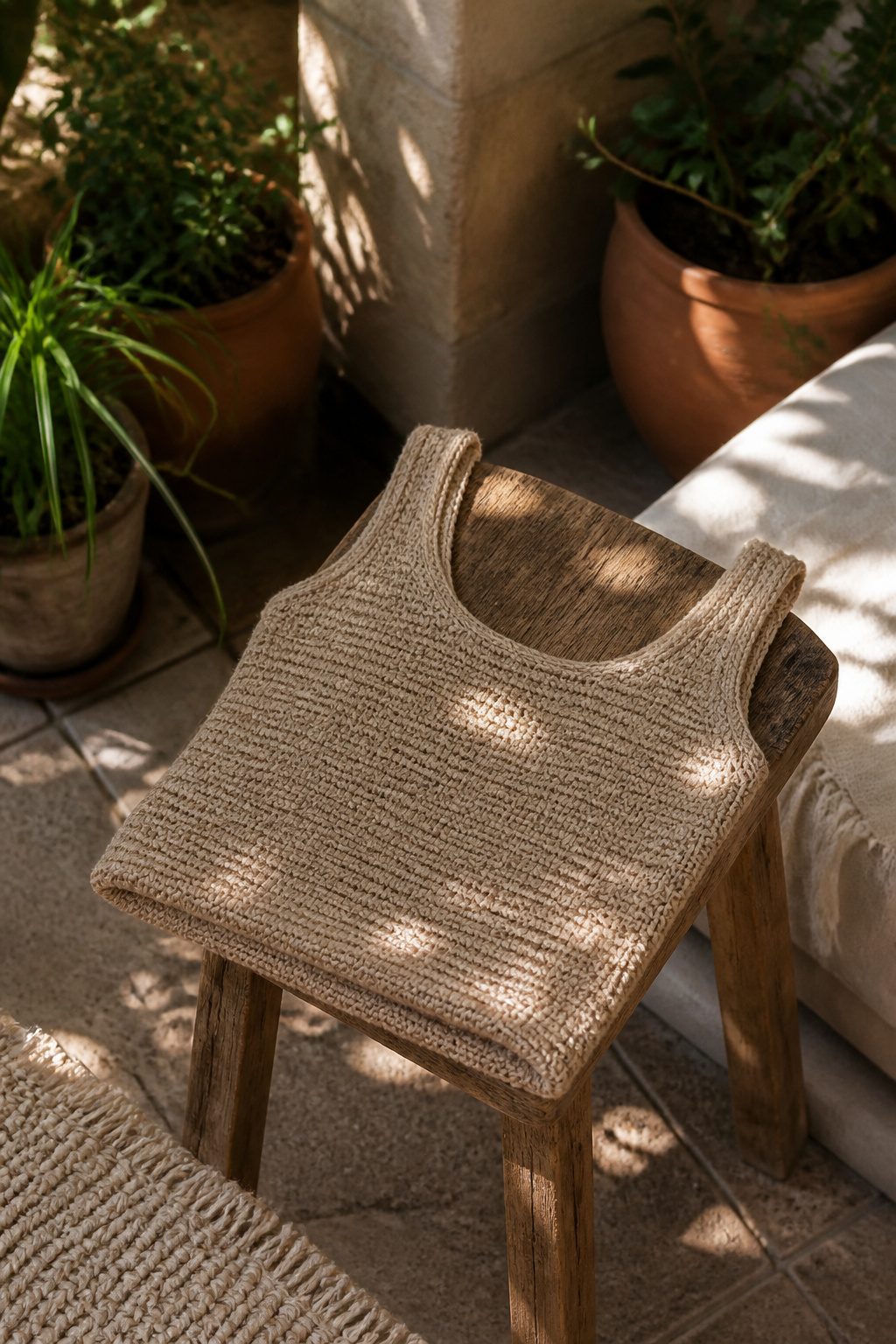 Crochet Summer Top Patterns, Styles and Yarn Guide 14 A Peaks Crochet Tank Top displayed on a stool outdoors.