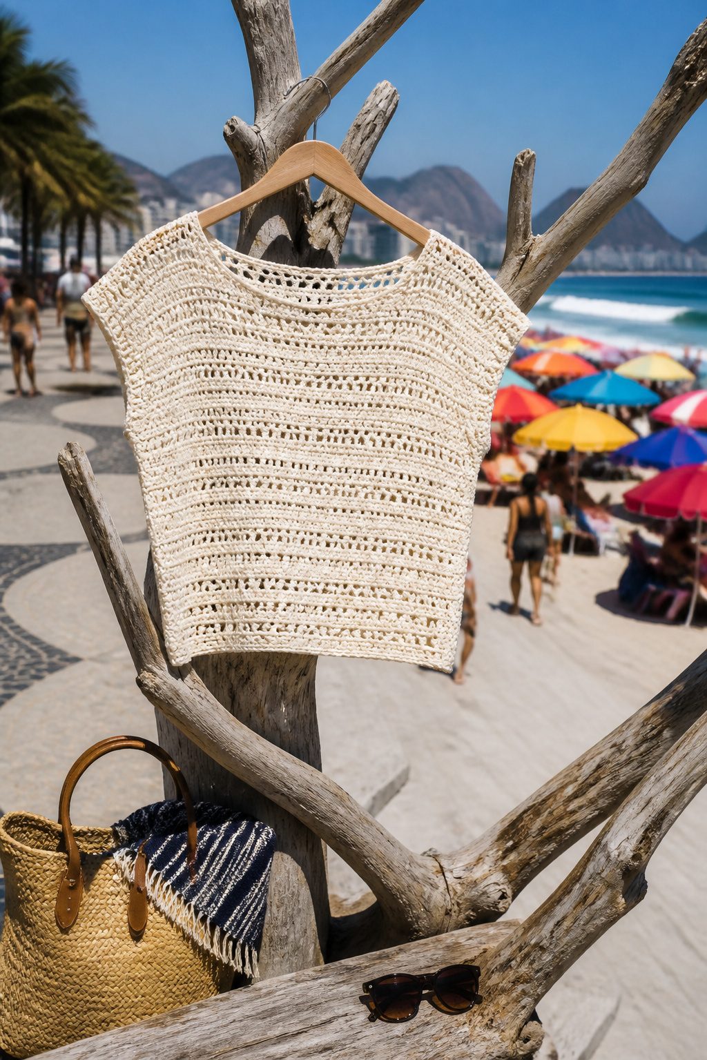 Crochet Summer Top Patterns, Styles and Yarn Guide 16 A Shoulders in the Sun Top displayed on driftwood at the beach.
