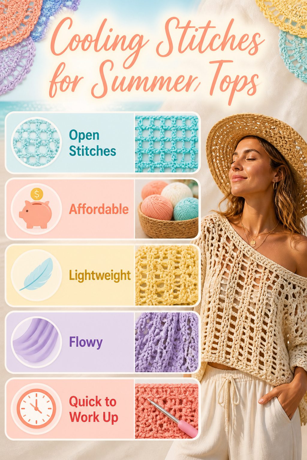 Crochet Summer Top Patterns, Styles and Yarn Guide 22 An image showing various crochet stitches for summer tops.