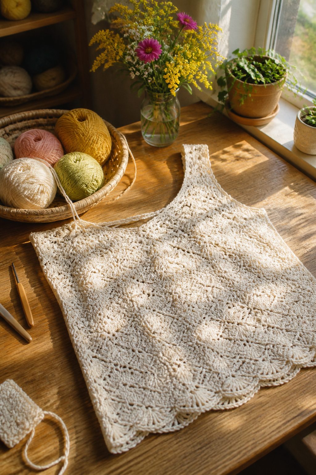 Crochet Summer Top Patterns, Styles and Yarn Guide 12 A Sunshine and Lace Crochet Tank Top displayed on a crafting table.