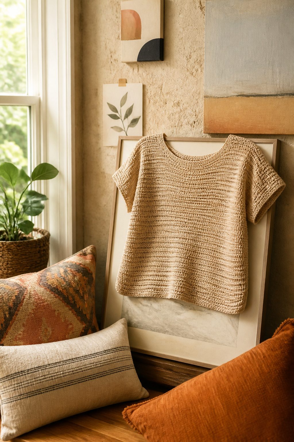 Crochet Summer Top Patterns, Styles and Yarn Guide 15 A Two Row Tee draped over a frame against a decorative wall.