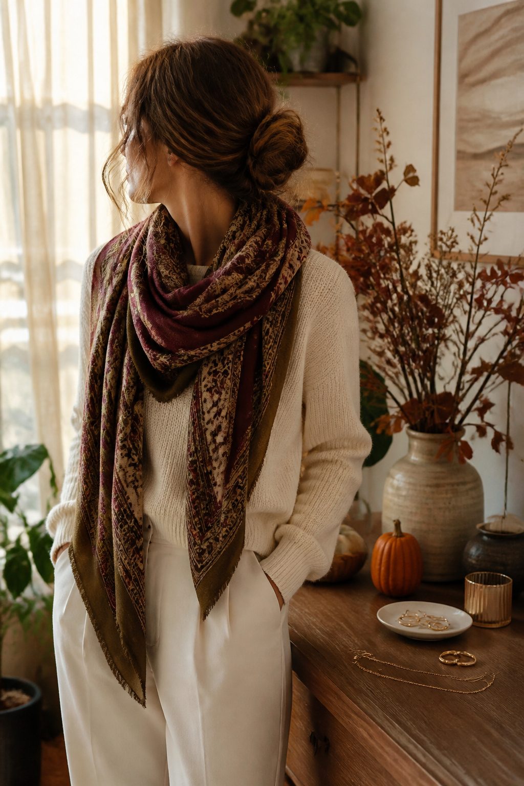 16 Fall Outfit Ideas to Build Your 2026 Wardrobe 15 Model showcasing a wide scarf in a decorated room.