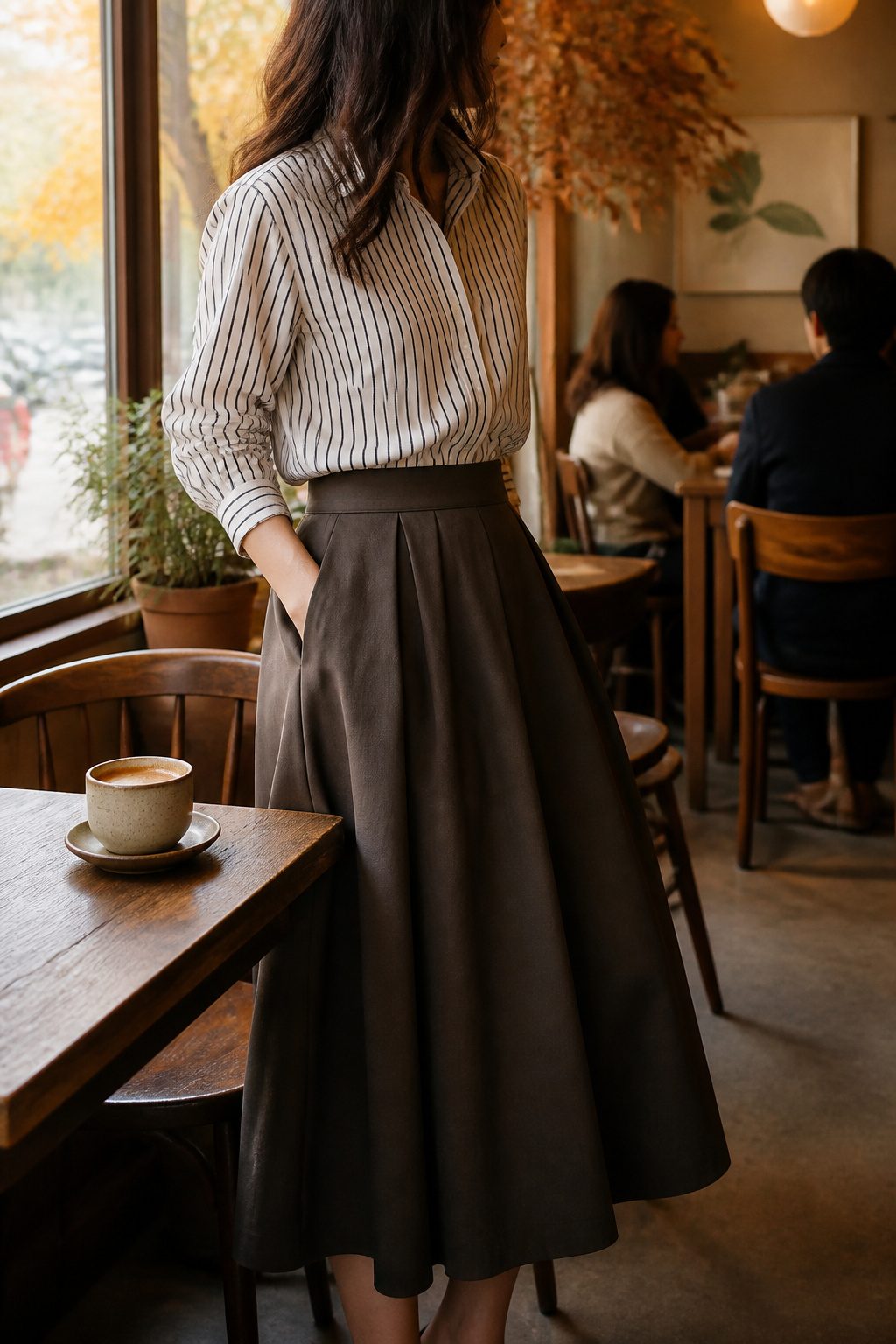 16 Fall Outfit Ideas to Build Your 2026 Wardrobe 2 Model in a striped button-down and midi skirt in a cozy café.