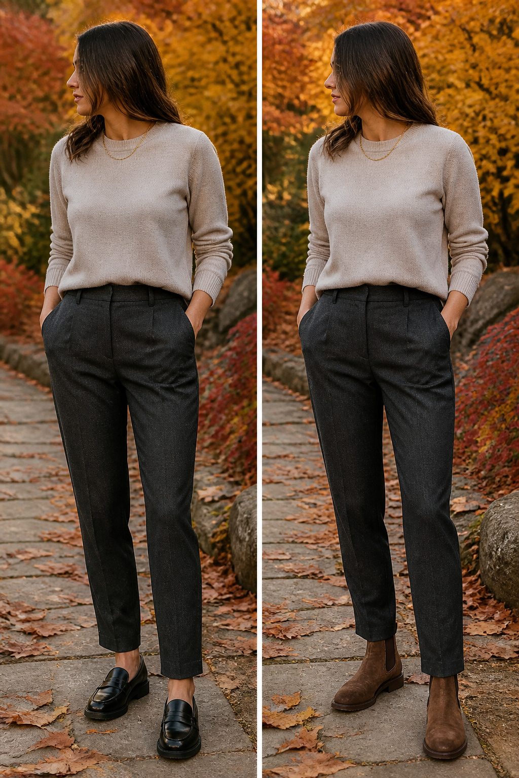 16 Fall Outfit Ideas to Build Your 2026 Wardrobe 22 Model demonstrating casual and formal outfit variations.