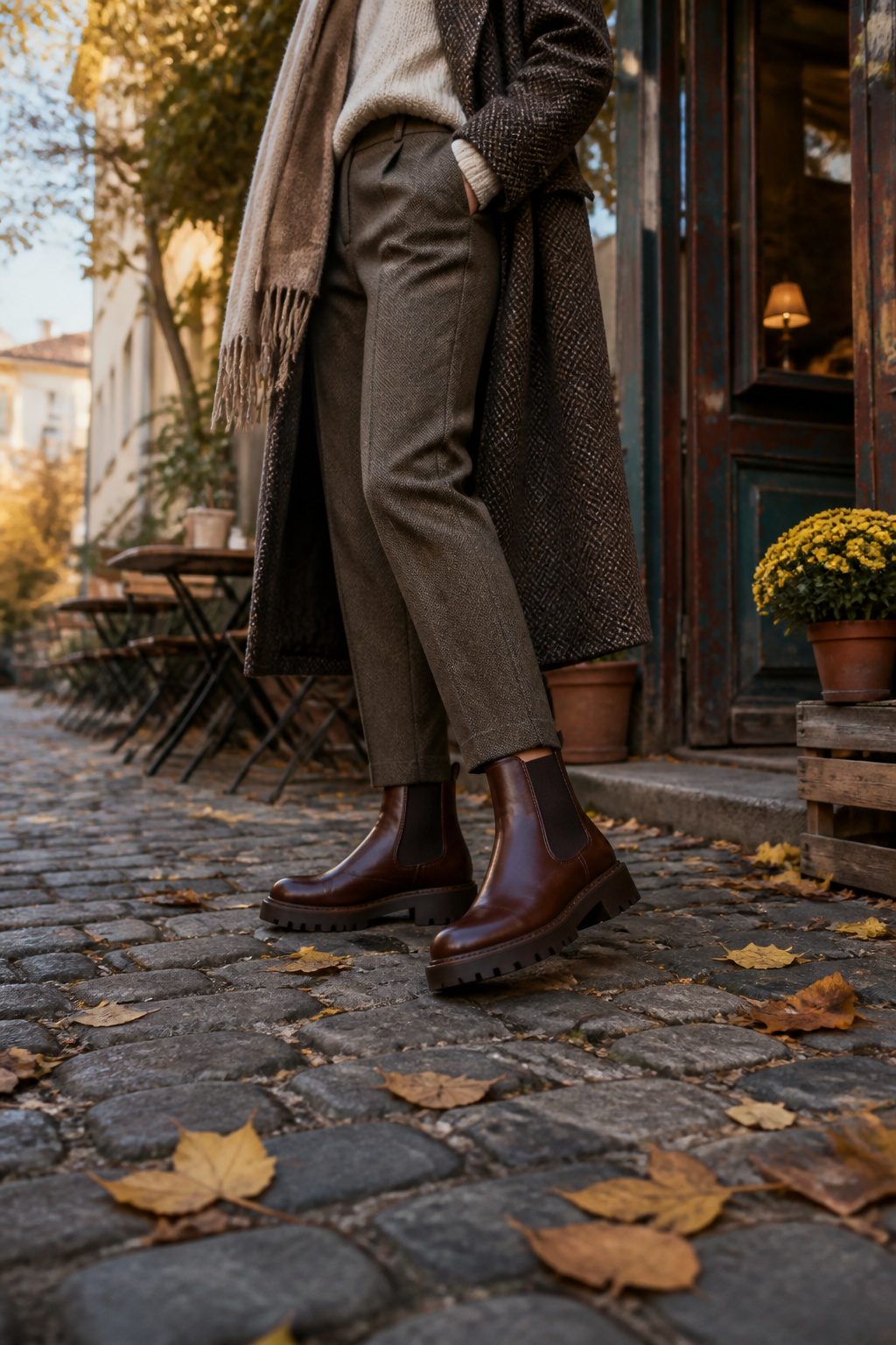 16 Fall Outfit Ideas to Build Your 2026 Wardrobe 16 Model wearing ankle boots with cropped trousers in an urban setting.