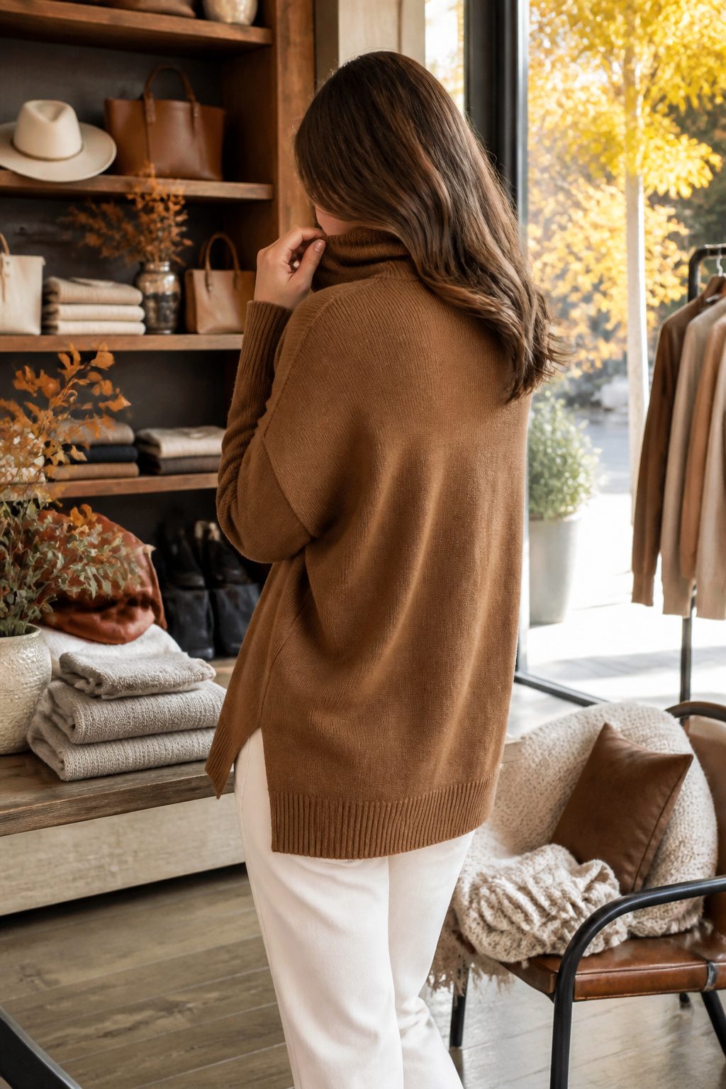 16 Fall Outfit Ideas to Build Your 2026 Wardrobe 4 Model in a cashmere sweater surrounded by autumn decor.