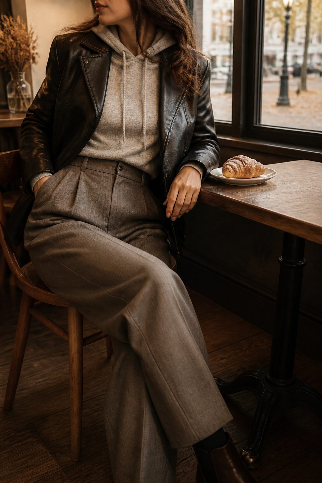 16 Fall Outfit Ideas to Build Your 2026 Wardrobe 14 Model in a hoodie and leather jacket at a cozy café.