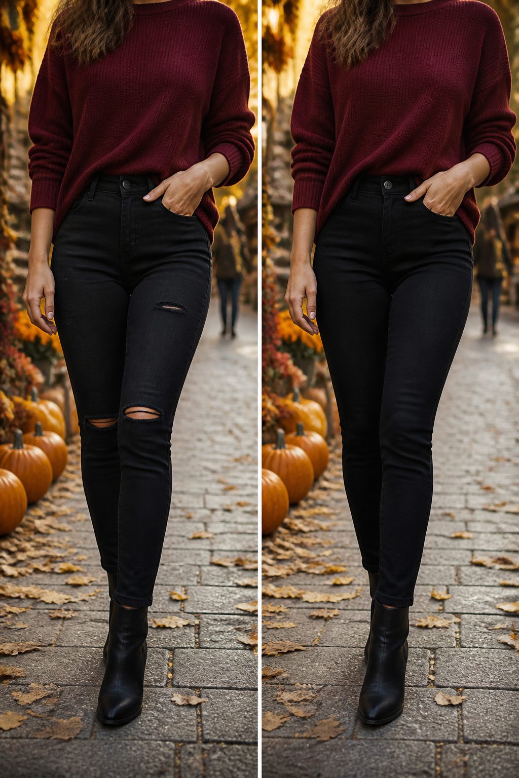 16 Fall Outfit Ideas to Build Your 2026 Wardrobe 6 Model in burgundy jeans and a neutral top in an outdoor setting.