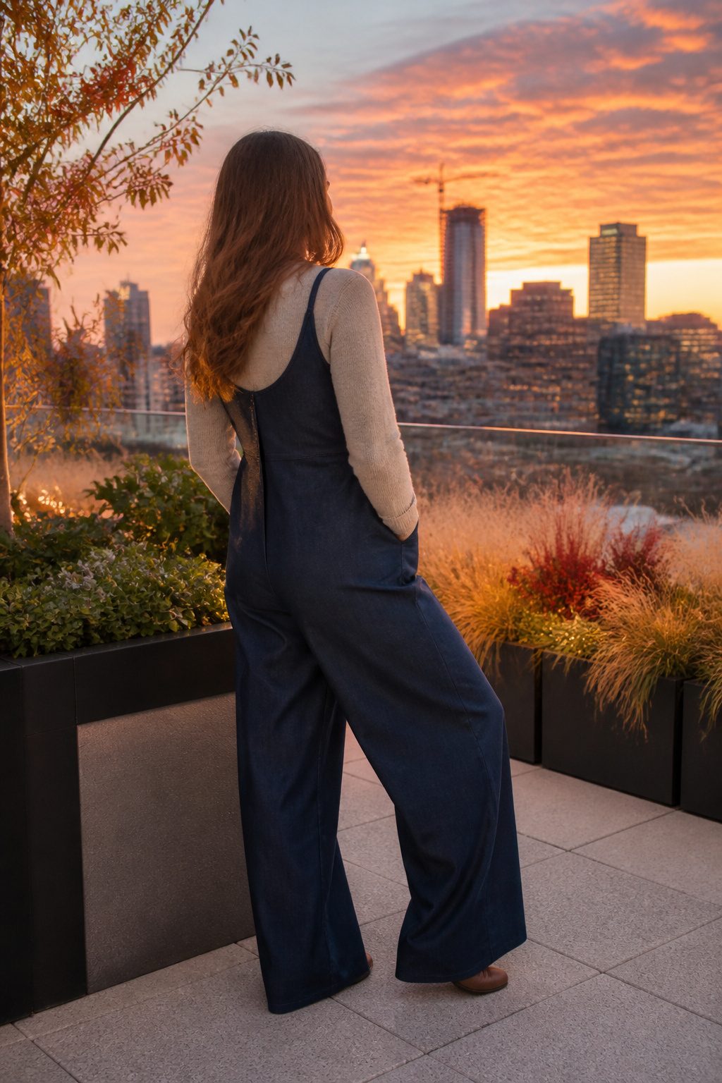 16 Fall Outfit Ideas to Build Your 2026 Wardrobe 10 Model in a wide-leg jumpsuit on a rooftop during sunset.