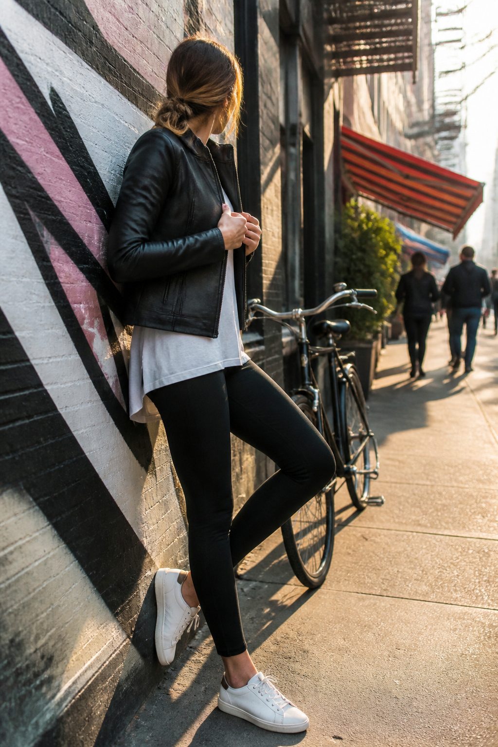 16 Fall Outfit Ideas to Build Your 2026 Wardrobe 9 Model leaning against a wall in black leggings and a longline tee.