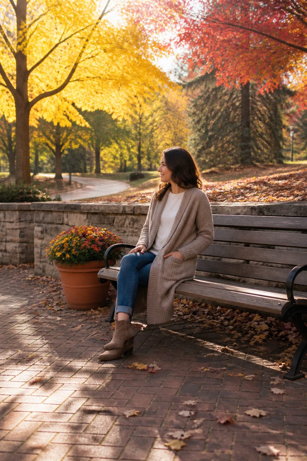 16 Fall Outfit Ideas to Build Your 2026 Wardrobe 5 Model wearing a long cardigan with pockets and wide-leg trousers.
