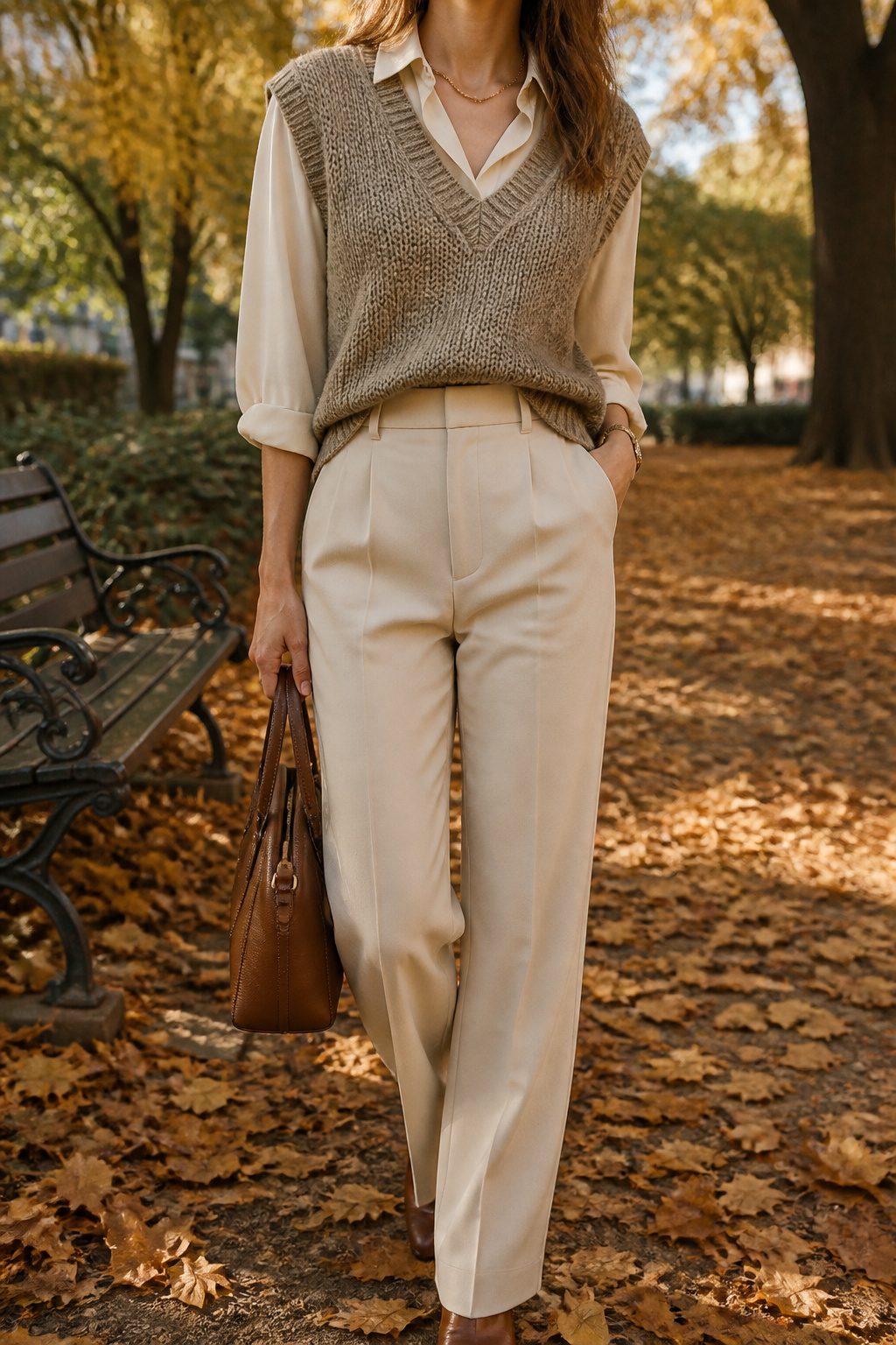 16 Fall Outfit Ideas to Build Your 2026 Wardrobe 3 Model wearing a sweater vest over a short sleeve top.